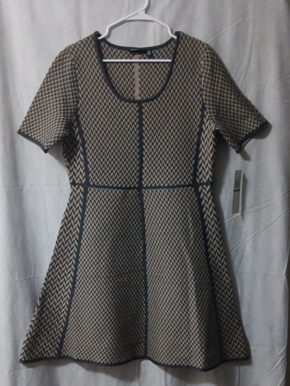 Nina Leonard Light Camel and Charcoal Grey Patterned Fit-and-Flare Dress